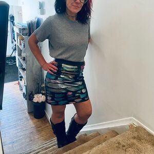 Small Dynamite Black Custom Hand-painted striped Faux Leather Mini Skirt